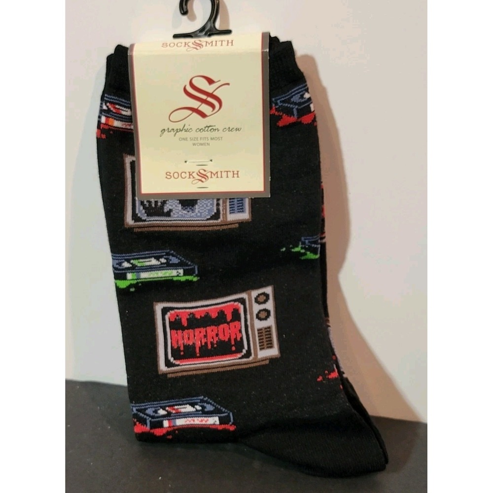 Socksmith VHS Tape Horror  Retro Crew Socks Novelty Halloween Women's Size‎ 9-11